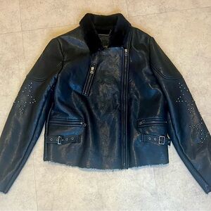 Buffalo David Bitton Black Leather, Studded Sleeve & Patch Jacket ♥️